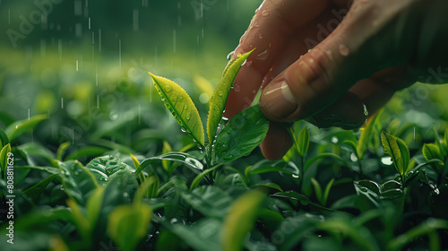 On rainy day hands pluck fresh green tea leaves in tea field plants