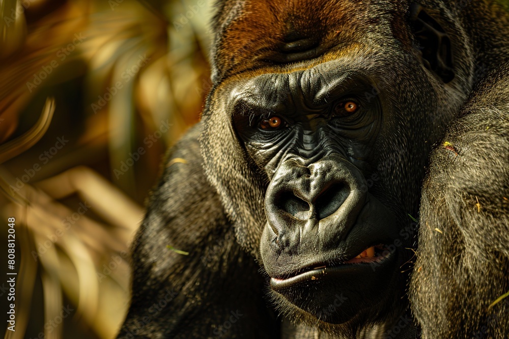 Fototapeta premium Gorilla Close-Up With Background Bush