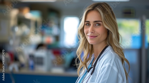 a woman in a lab coat with a stethoscope around her neck is smiling for the camera