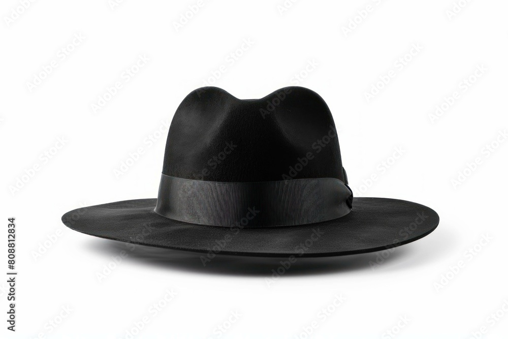 Elegant black fedora hat with ribbon isolated on a white backdrop, perfect for fashion concepts Elegant black fedora hat with ribbon isolated on a white backdrop, perfect for fashion concepts