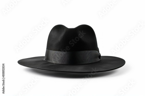 Elegant black fedora hat with ribbon isolated on a white backdrop, perfect for fashion concepts