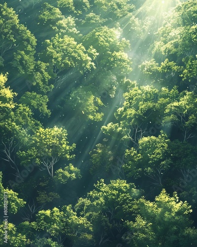 Summer warm sun light forest aerial view