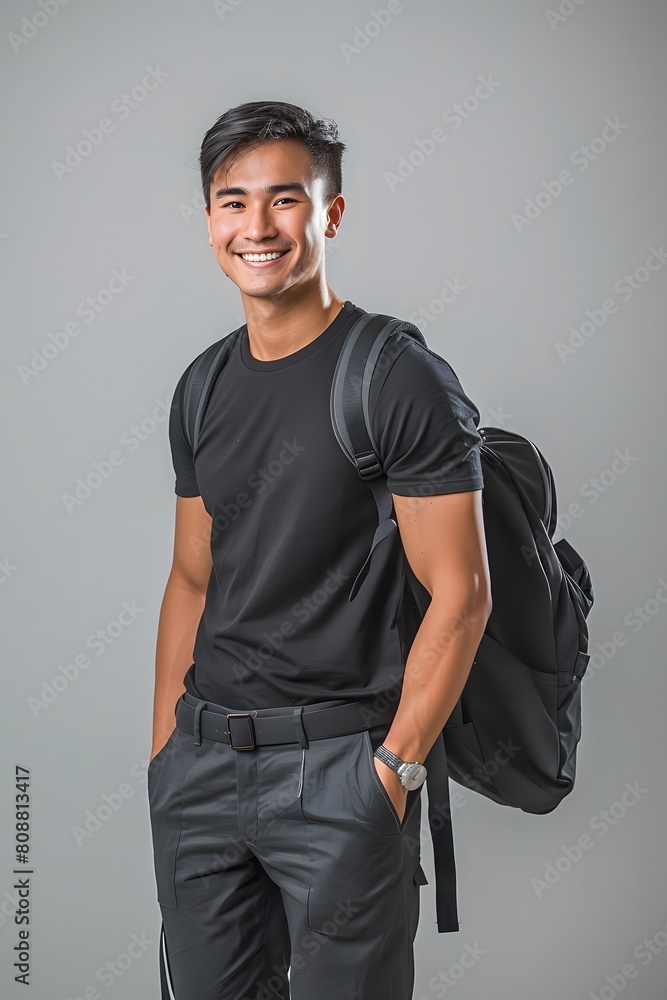 Smiling Man in Black T-Shirt with Backpack Smiling Man in Black T-Shirt with Backpack