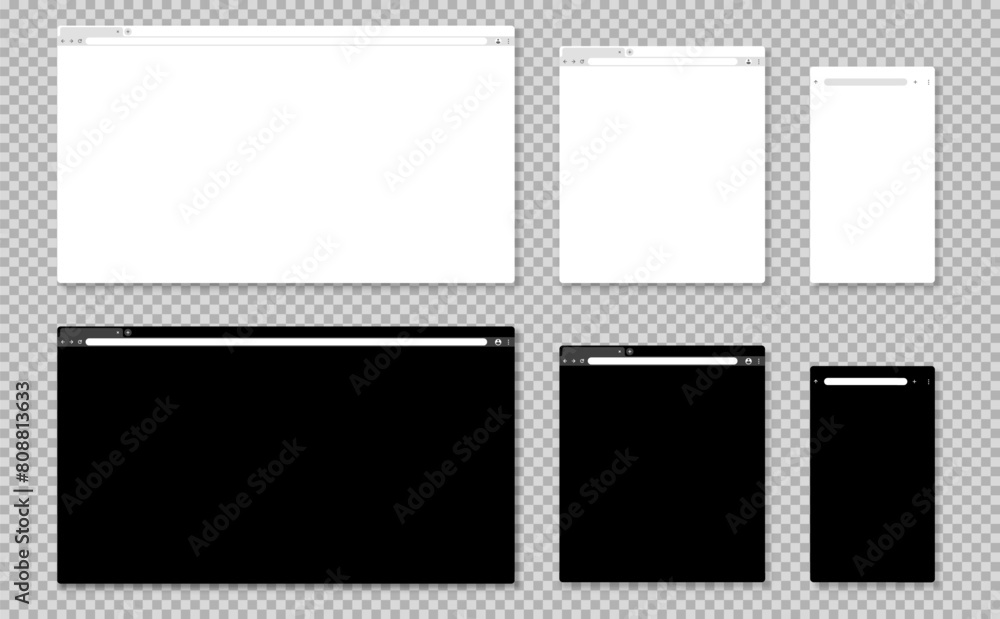 Browser mockup. Blank website window with tab, toolbar and search field for computer, tablet and phone. Internet browser template, light and dark mode page vector set Browser mockup. Blank website window with tab, toolbar and search field for computer, tablet and phone. Internet browser template, light and dark mode page vector set