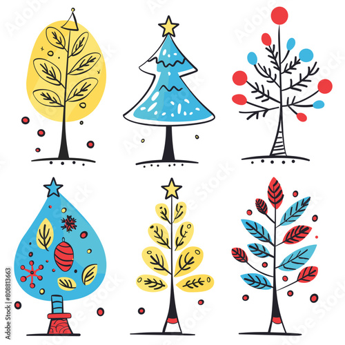 Six stylized Christmas trees, colorful modern festive decorations, various shapes patterns. Unique whimsical trees, playful holiday illustration, simple line art, vibrant colors, stars decoration