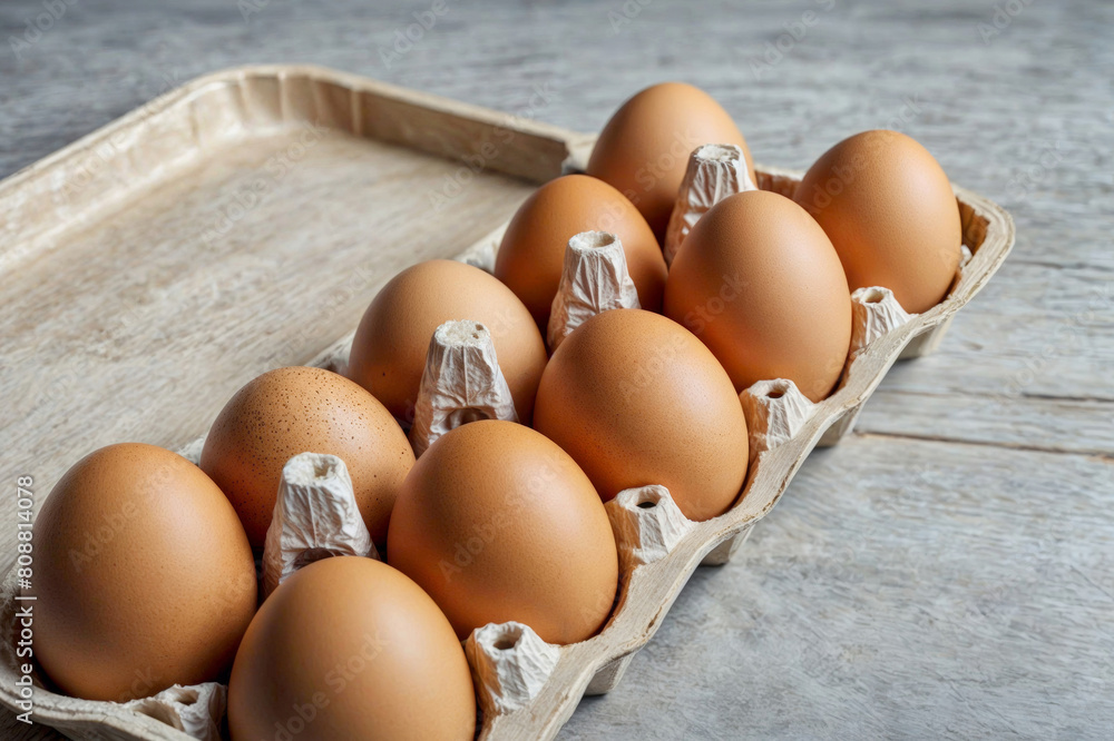 A dozen eggs are sitting in a carton. Box with brown chicken eggs A dozen eggs are sitting in a carton. Box with brown chicken eggs