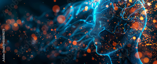 AI concept background. ,human head with digital connections and glowing data stream