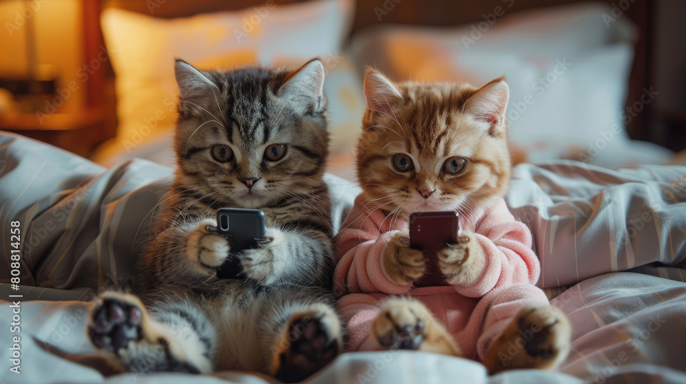 Two cute British Shorthair cat kittens wearing pajamas and holding mobile phones in their hands sitting on the bed while watching TV in soft light with warm colors