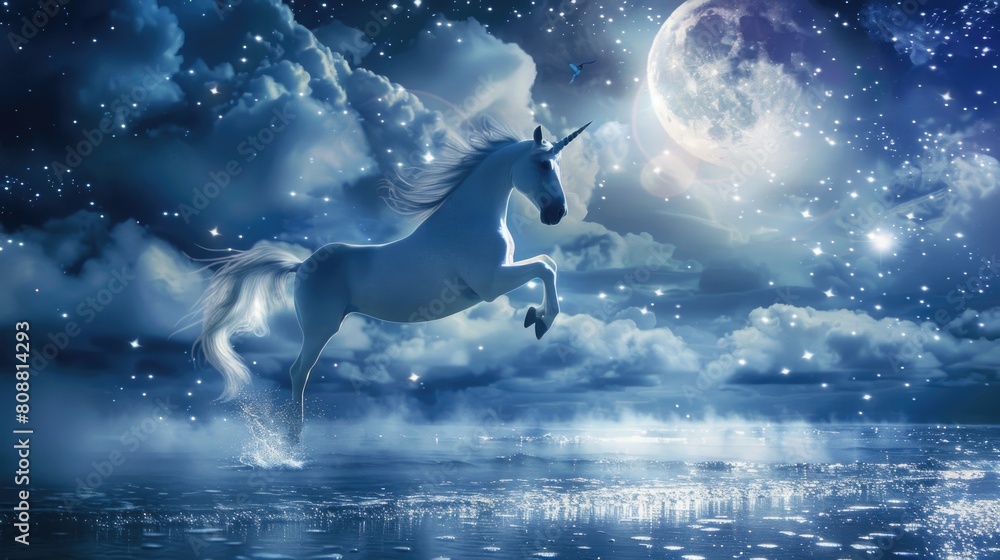 A unicorn is flying in the sky above a body of water A unicorn is flying in the sky above a body of water