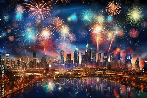 Generative ai on theme festive brightly fireworks on twilight background high in dark sky © oleg525