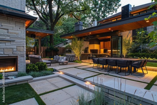 A tranquil outdoor patio with modern, streamlined outdoor furniture, ambient lighting, and a focus on greenery and open space