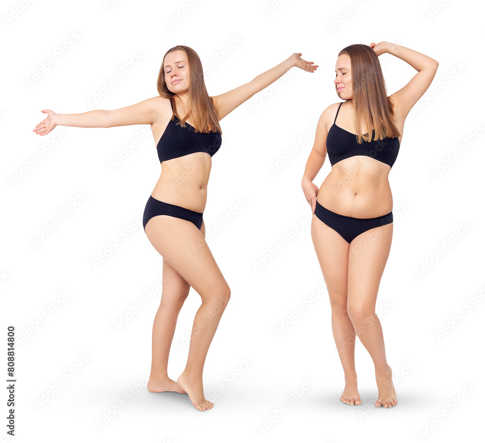 Collage of confident smiling woman posing in black underwear. Collage of confident smiling woman posing in black underwear.