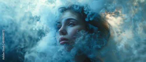 Young woman symbolizing depression and loneliness with head in clouds.
