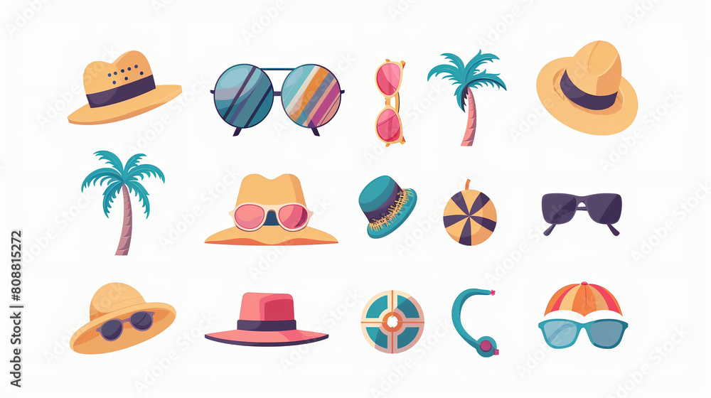 Naklejka premium Colorful seamless summer pattern with hand drawn beach elements such as Sunglasses & hats