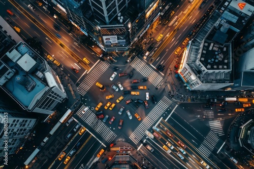 Drone view of a bustling city intersection, with the crisscrossing traffic creating a dynamic urban tapestry © DK_2020