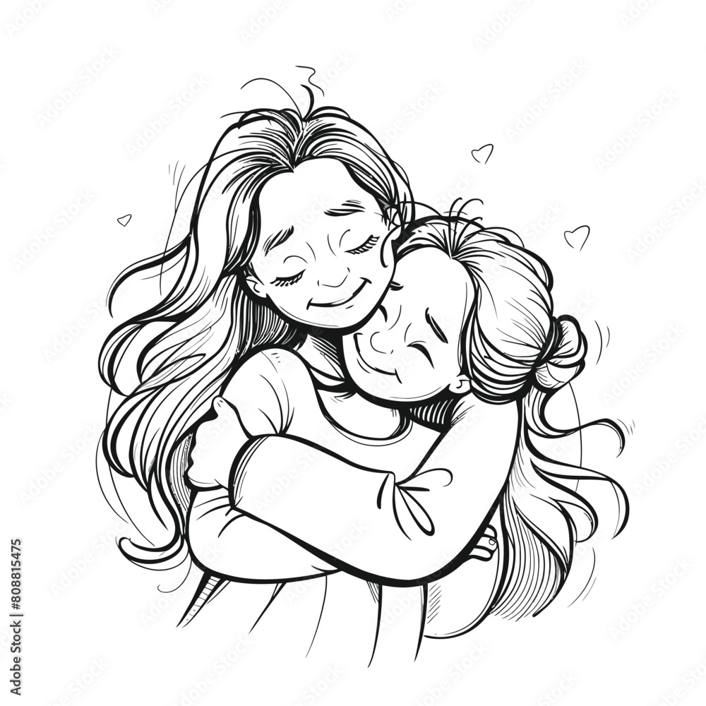 Mother embraces daughter, both smiling, in charming line art for Mother's Day celebration