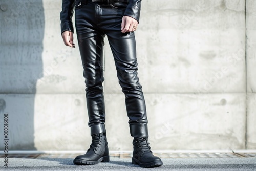 Man leather pants. One man belt. Generate Ai photo