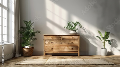 furniture placement  the wooden dresser beautifully complements the white walls  infusing the room with warmth and texture  fostering a serene and organized ambiance