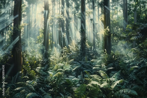 A dense  sunlit forest with towering trees and a carpet of ferns  showcasing the tranquility of nature