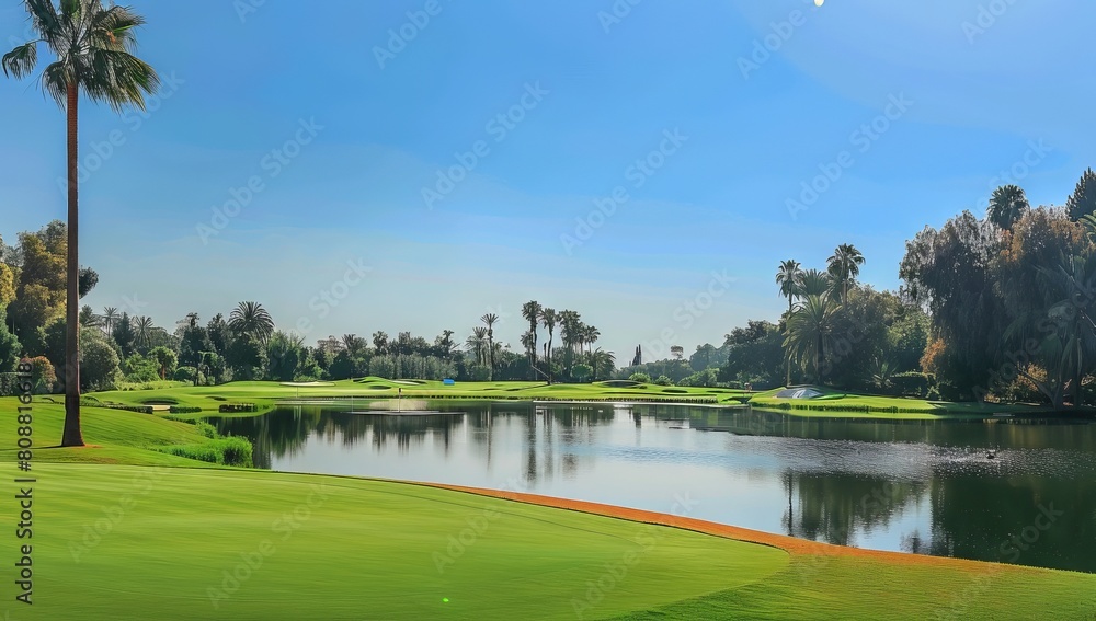 Golf Course with Green Fairway and Water Hazard