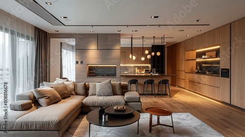 modern studio living, the minimalist studio apartment features an open-plan layout, seamlessly connecting the living area with the kitchen, including a compact dining table and modern bar stools © Aliaksandra