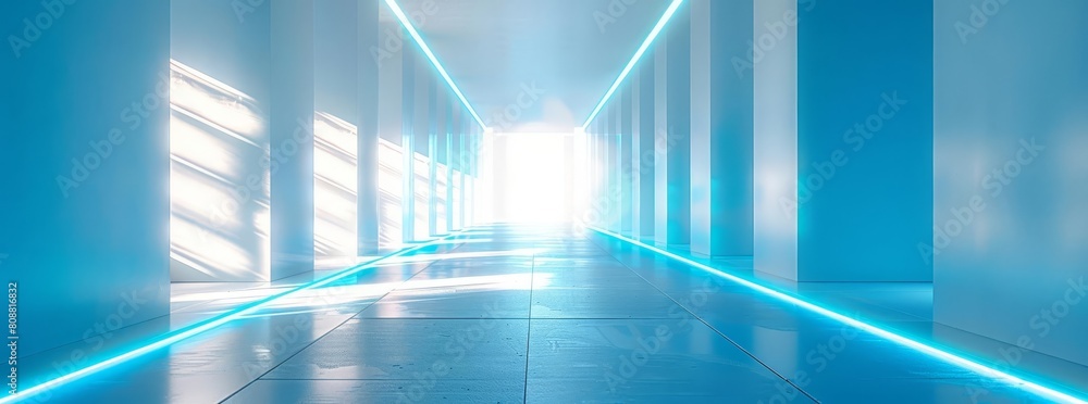 The sunlight shines through columns in a long and white corridor The sunlight shines through columns in a long and white corridor