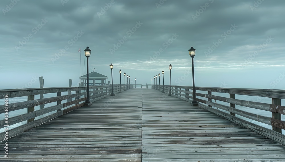 Empty Wooden Pier Under Cloudy Sky