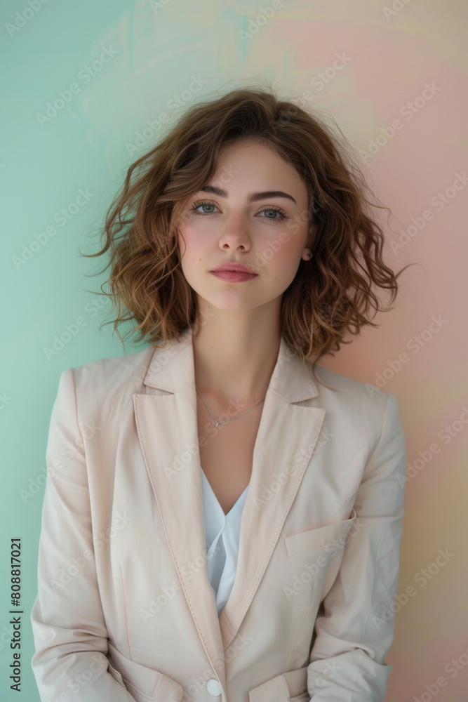 Professional female in casual business attire against soft pastel backdrop Professional female in casual business attire against soft pastel backdrop