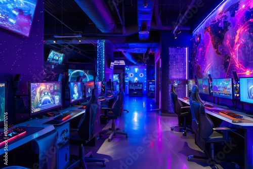 An immersive video game lounge with intense  glowing decor and interactive  high-tech gaming stations