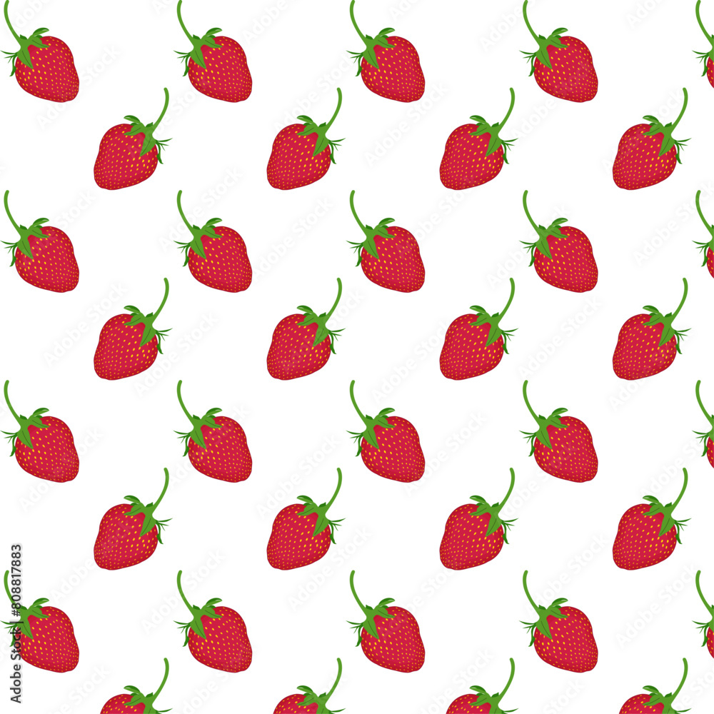 Seamless pattern for fabric and textiles. Red strawberry with a green tail on a white background. Print for packaging and wrapping paper. Juicy and ripe berries. Summer time. Vector illustration. Seamless pattern for fabric and textiles. Red strawberry with a green tail on a white background. Print for packaging and wrapping paper. Juicy and ripe berries. Summer time. Vector illustration.