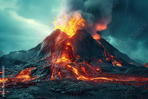 Generative ai on theme of erupting volcano with cascading hot lava surrounded thick white smoke