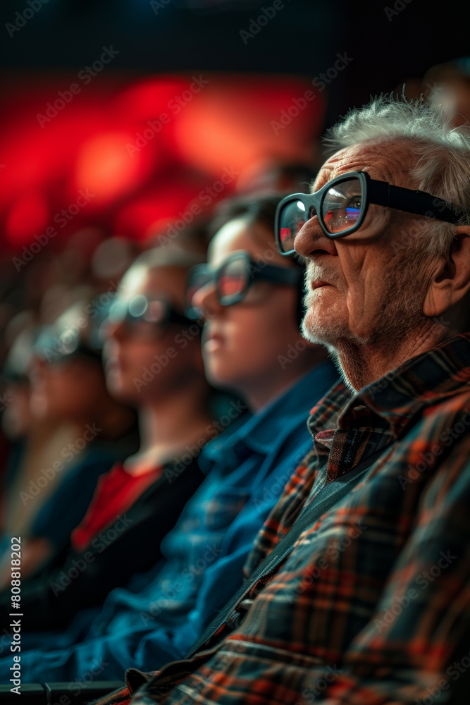 Audience in 3D glasses enjoying a thrilling movie scene at a cinema.