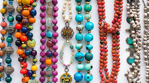 Array of vibrant necklaces arranged artistically on a white backdrop, each piece exuding its unique charm and beauty.
