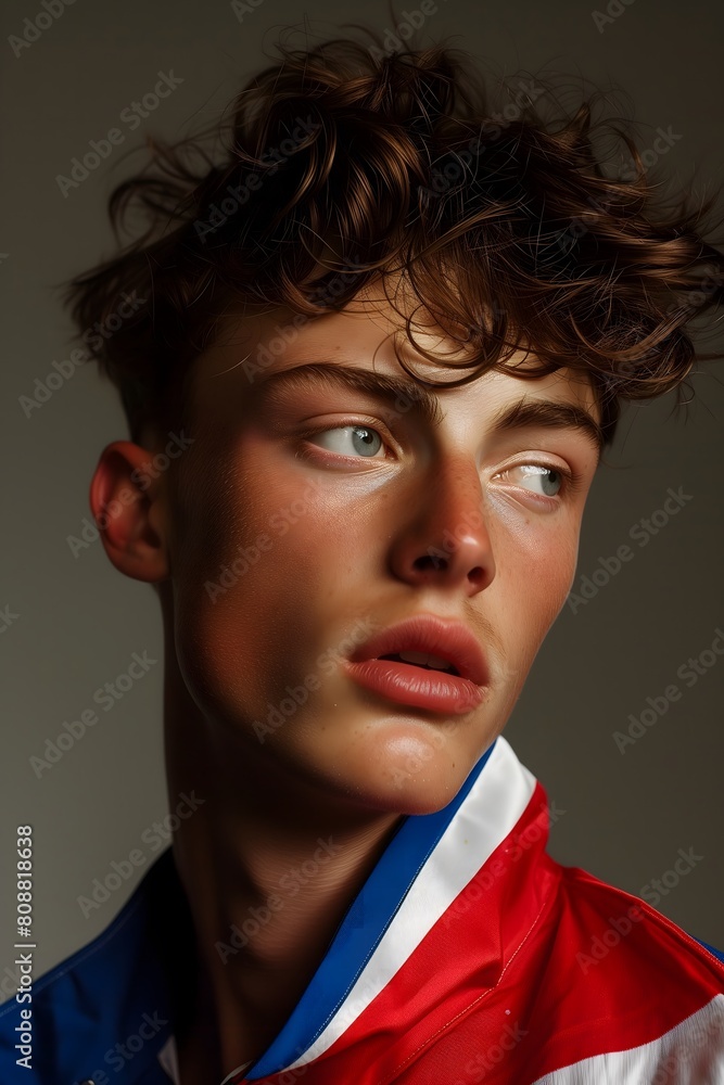 Young Man with American Flag Scarf and Intense Gaze Young Man with American Flag Scarf and Intense Gaze