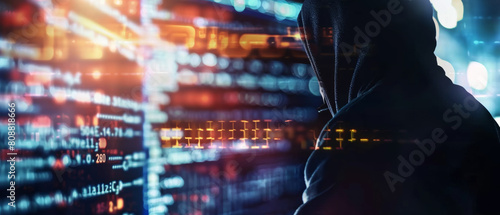 Mysterious figure in hood analyzing data, evoking themes of cybersecurity and espionage.