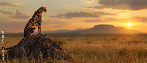 Cheetah surveying the savannah from atop a termite mound at golden sunset. photo