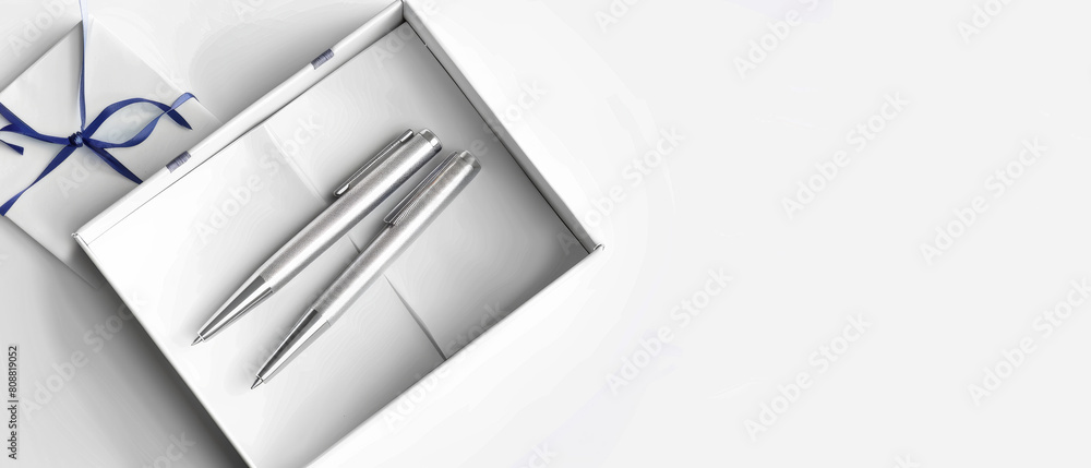 Minimalistic elegance showcased in a gift box with a silver pen, embodying sophistication. Minimalistic elegance showcased in a gift box with a silver pen, embodying sophistication.
