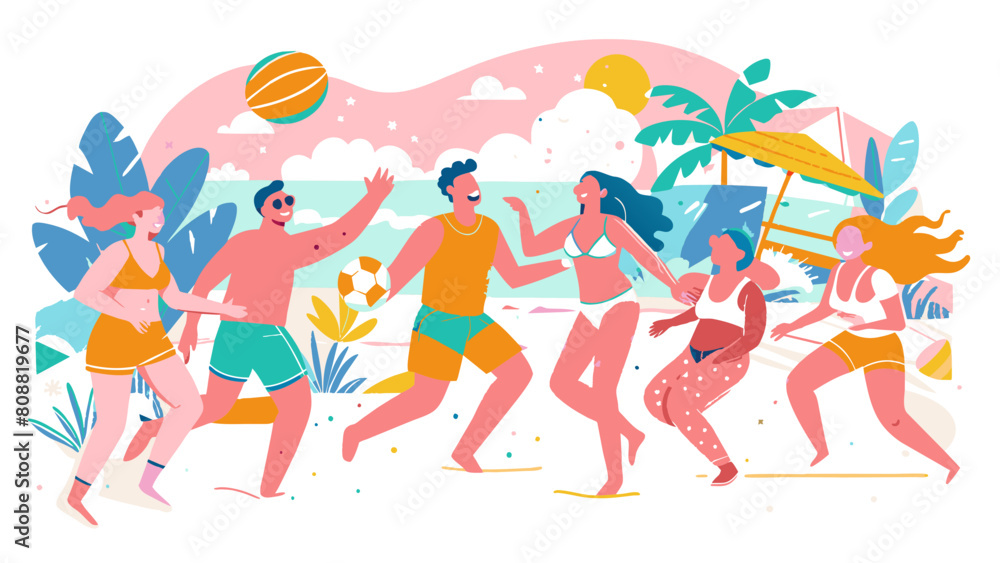 Vibrant Summer Beach Party with Joyful Friends Enjoying Volleyball