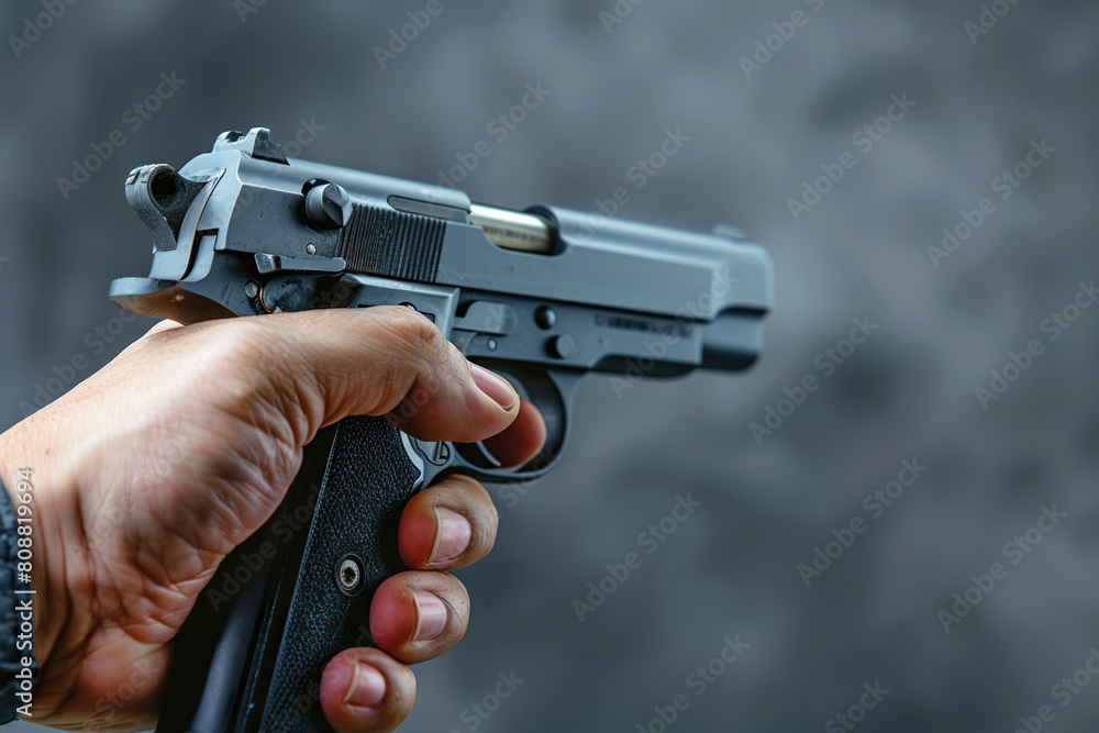Generative ai on theme of a man aims through the sight of combat metal pistol to hit the target Generative ai on theme of a man aims through the sight of combat metal pistol to hit the target