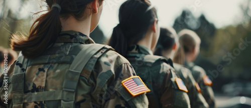Soldiers in camouflage uniforms standing in line with focus on American flag patches.