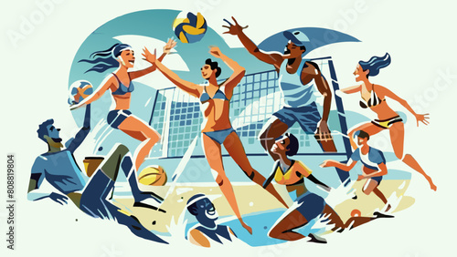 Vibrant Beach Volleyball Match Illustration with Dynamic Players