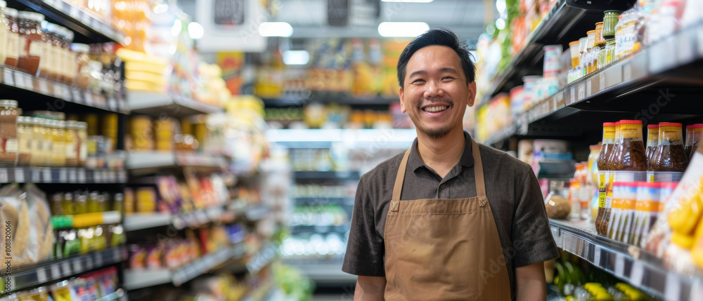 A cheerful grocery store employee stands among the aisles offering friendly assistance. A cheerful grocery store employee stands among the aisles offering friendly assistance.