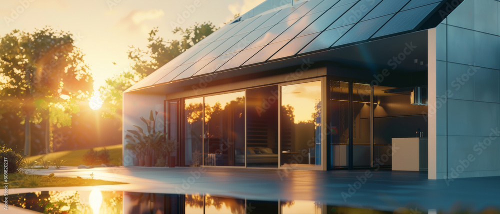 Modern sustainable home at dawn, reflecting eco-friendly luxury.