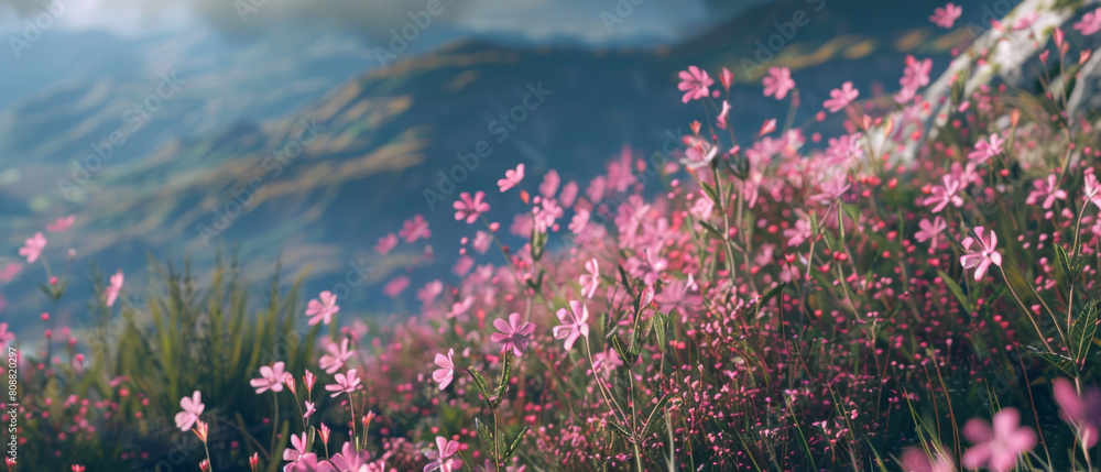 Obraz premium A serene meadow blooms with delicate pink flowers against a mountainous backdrop.