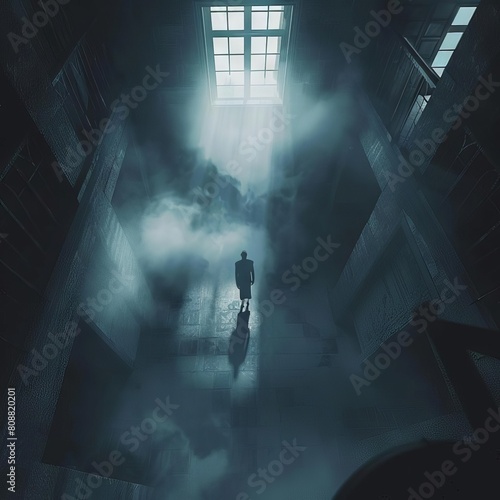 A dark and mysterious figure stands alone in a vast, abandoned room