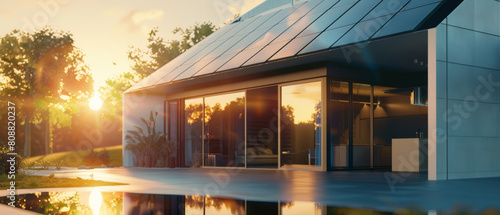 Modern sustainable home at dawn, reflecting eco-friendly luxury.