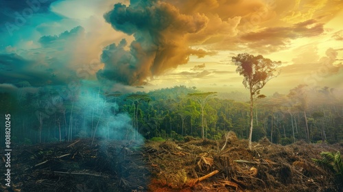 A vivid and alarming view of a deforested area with smoke rising, juxtaposed against a vibrant intact forest under stormy skies.