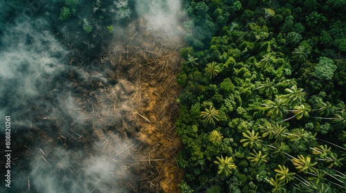 A vivid and alarming view of a deforested area with smoke rising, juxtaposed against a vibrant intact forest under stormy skies.