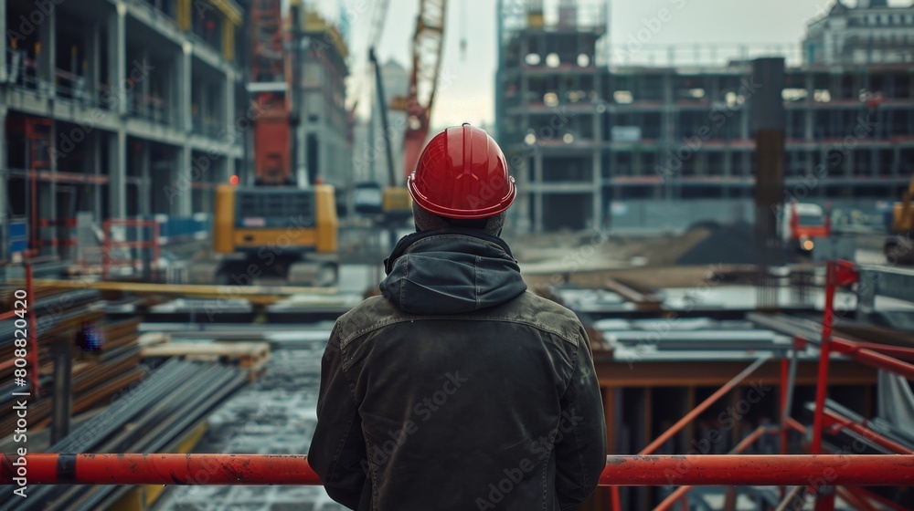 A project manager in a hard hat stands observing the progress of a large urban construction site bustling with activity and machinery.