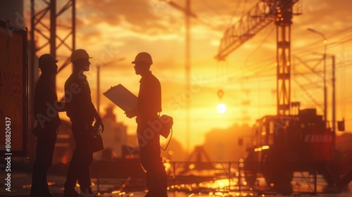 A construction team, silhouetted against a dramatic golden hour sky, reviews plans and tools on a busy urban construction site.